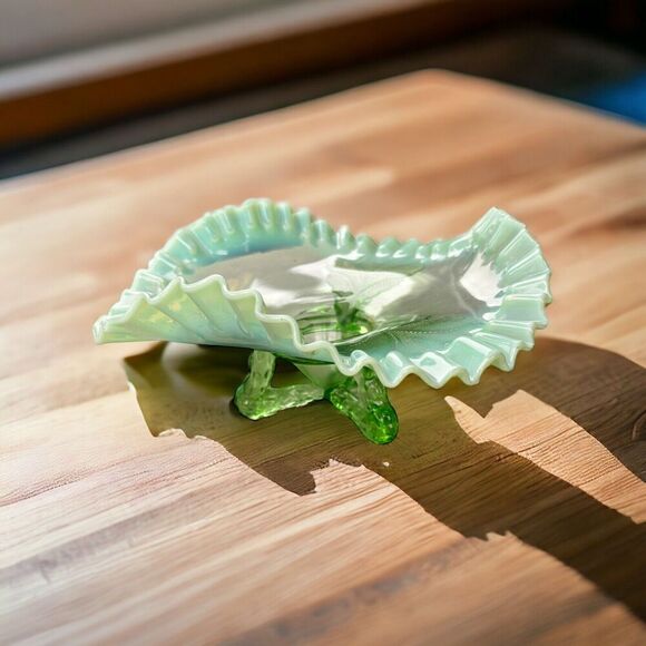 Vintage Green Opalescent Pressed Glass 3 Footed Ruffled Design Candy Dish 8 1/2" - Picture 2 of 9